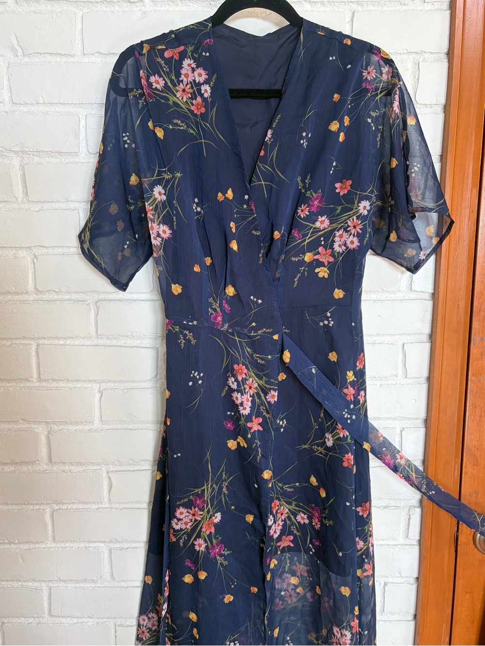 Cupshe Navy Floral Wrap Midi Dress with Pink & Yellow Blooms